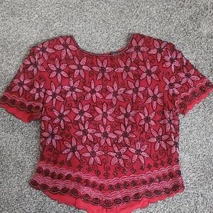 Adrianna Papell Red and Pink Floral Beaded Blouse